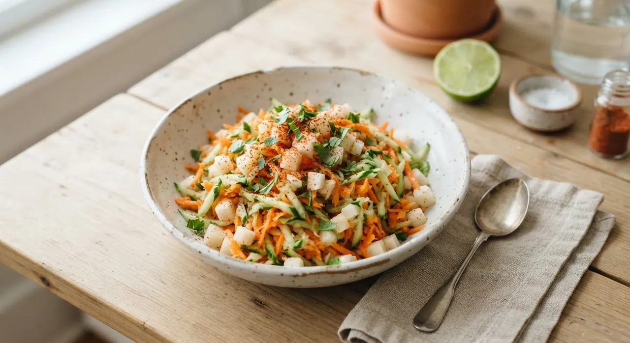 Ensalada de zanahoria, pepino y jícama rallados