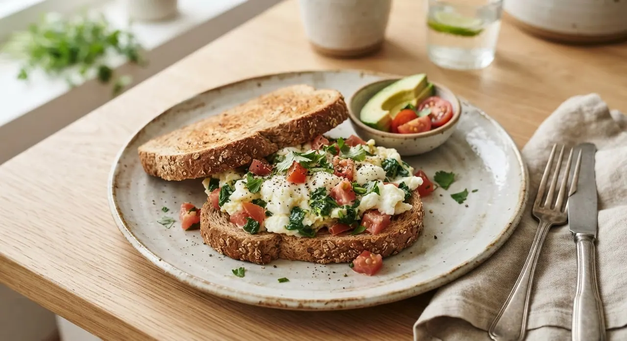 Sándwich de pan integral con claras revueltas con verduras