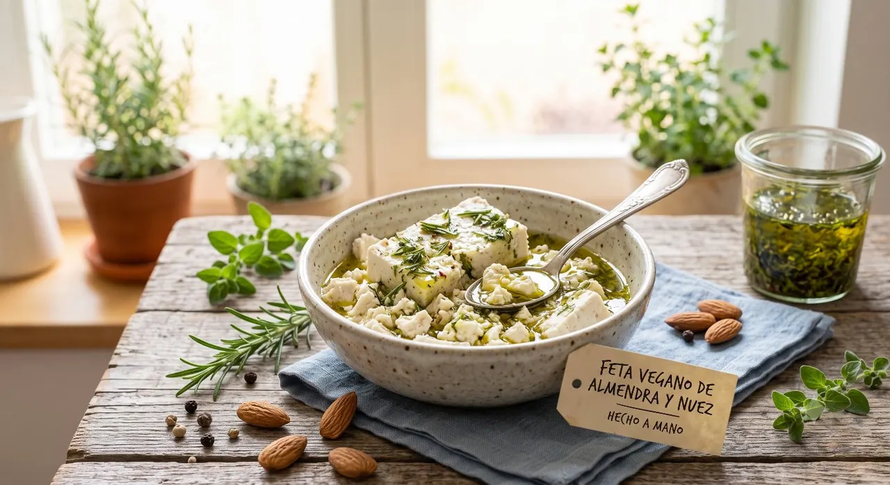 Queso feta con almendras y aceite de hierbas