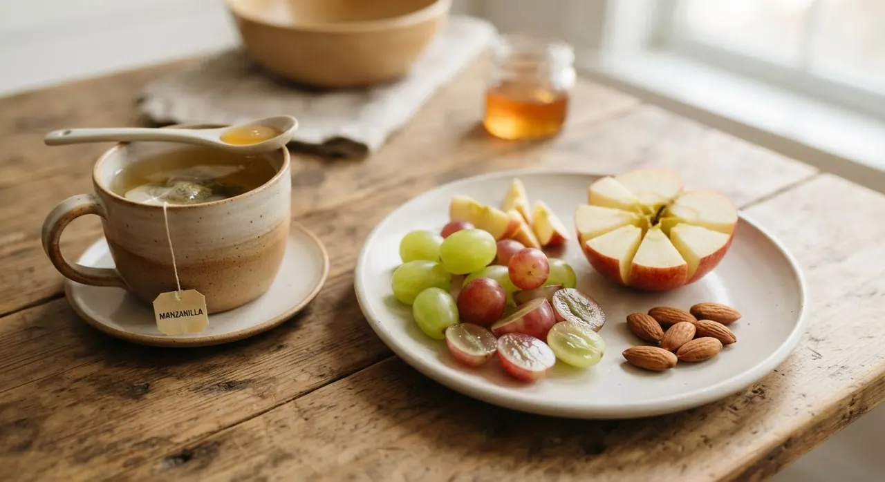 Uvas, manzana y almendras con té de manzanilla