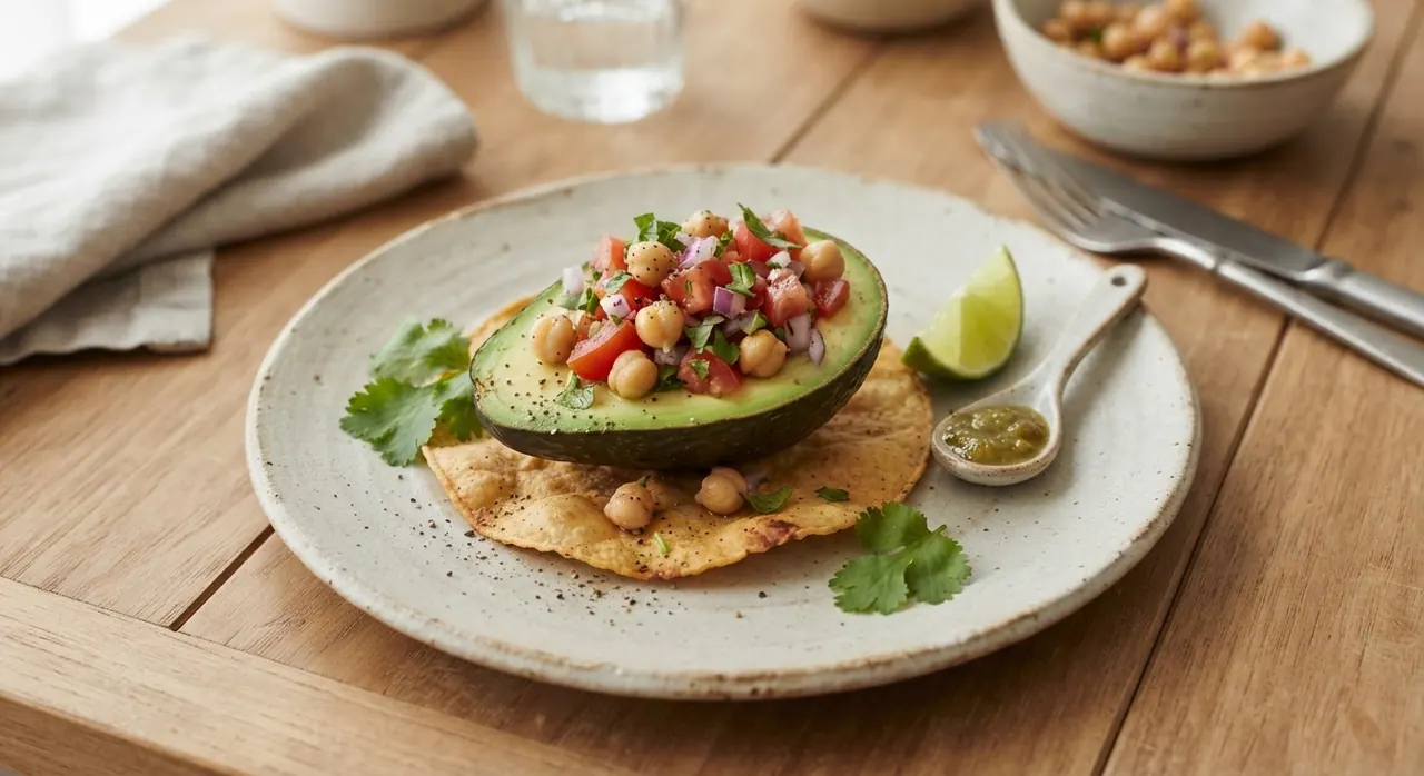 Aguacate relleno vegano y tostada de maíz