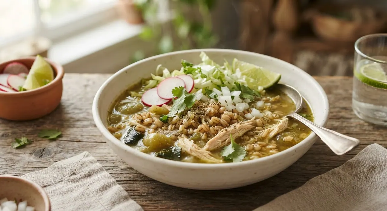 Pozole verde de trigo con pollo