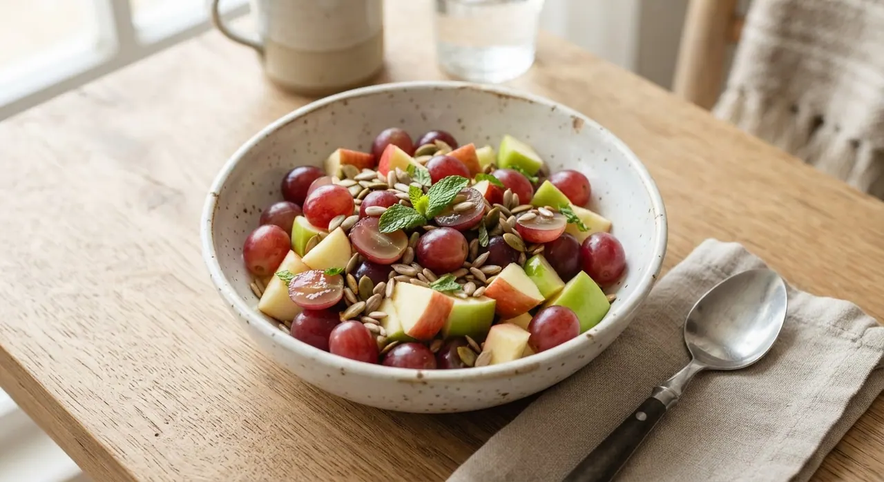 Uvas, manzana cortada y semillas