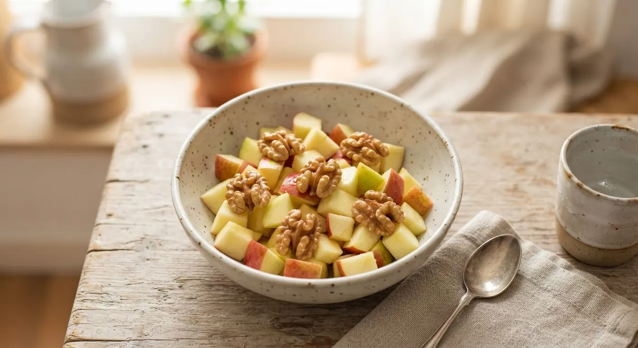 Manzana en cuadros y 5 mitades de nuez