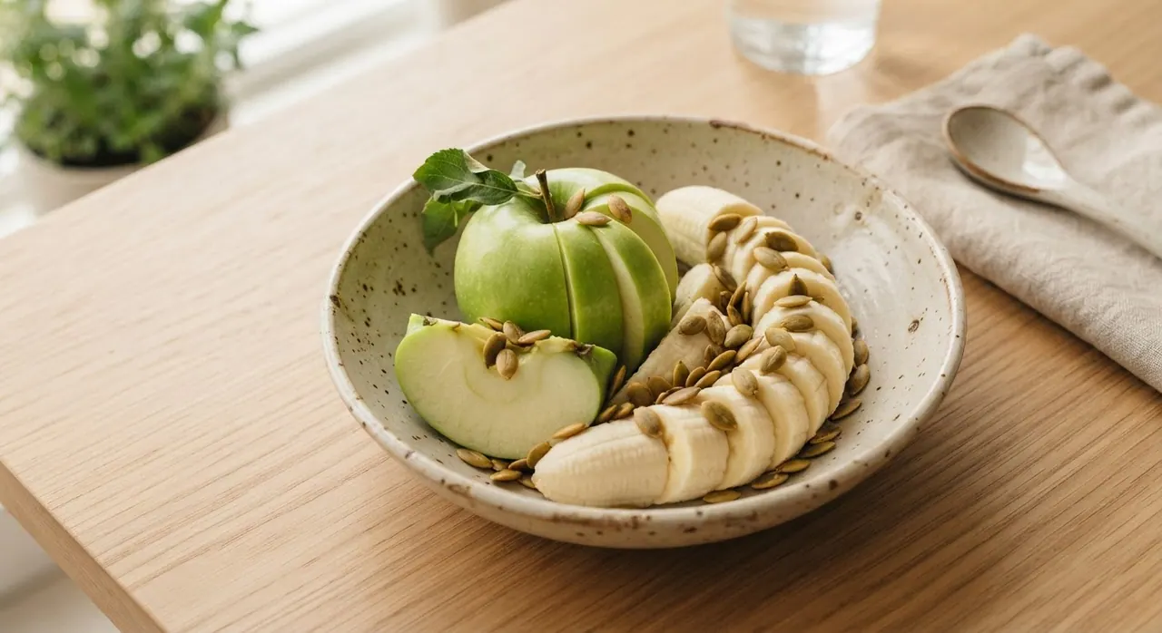 1 manzana, 1 plátano y pepitas de calabaza