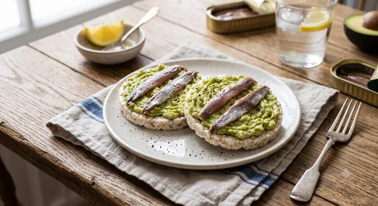 Aguacate y anchoas en galleta de arroz