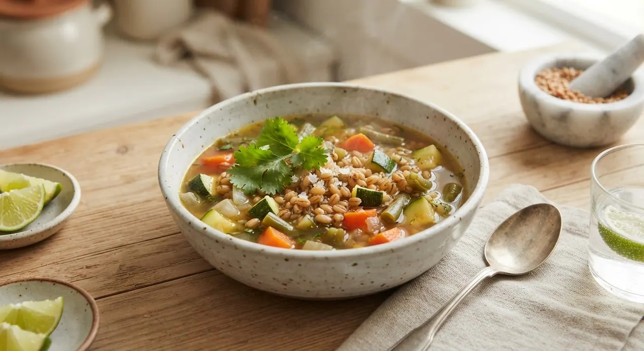 Caldo de verduras con trigo cocido