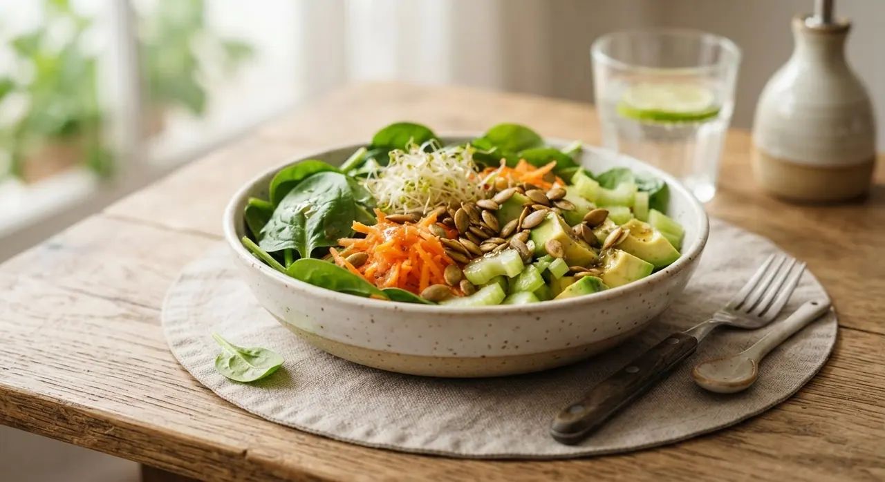 Ensalada de zanahoria, espinaca, germinado, apio, aguacate y pepitas