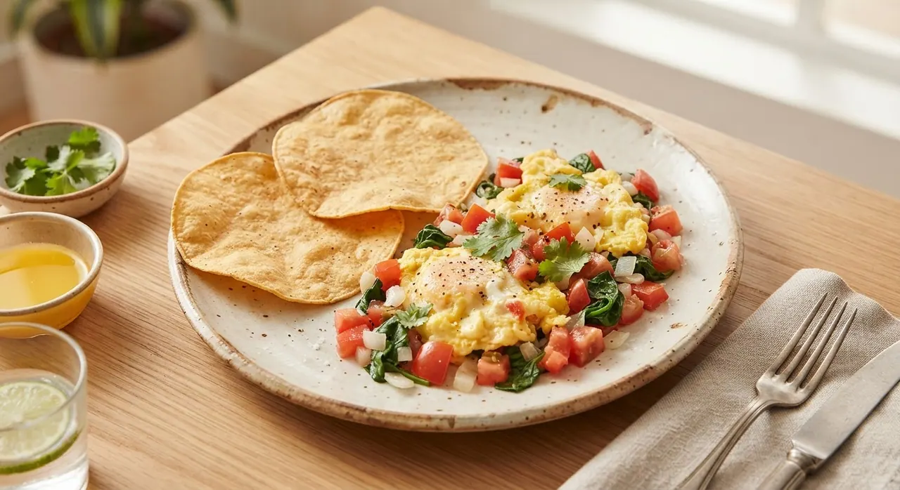 2 huevos revueltos con verduras y tortillas o tostadas