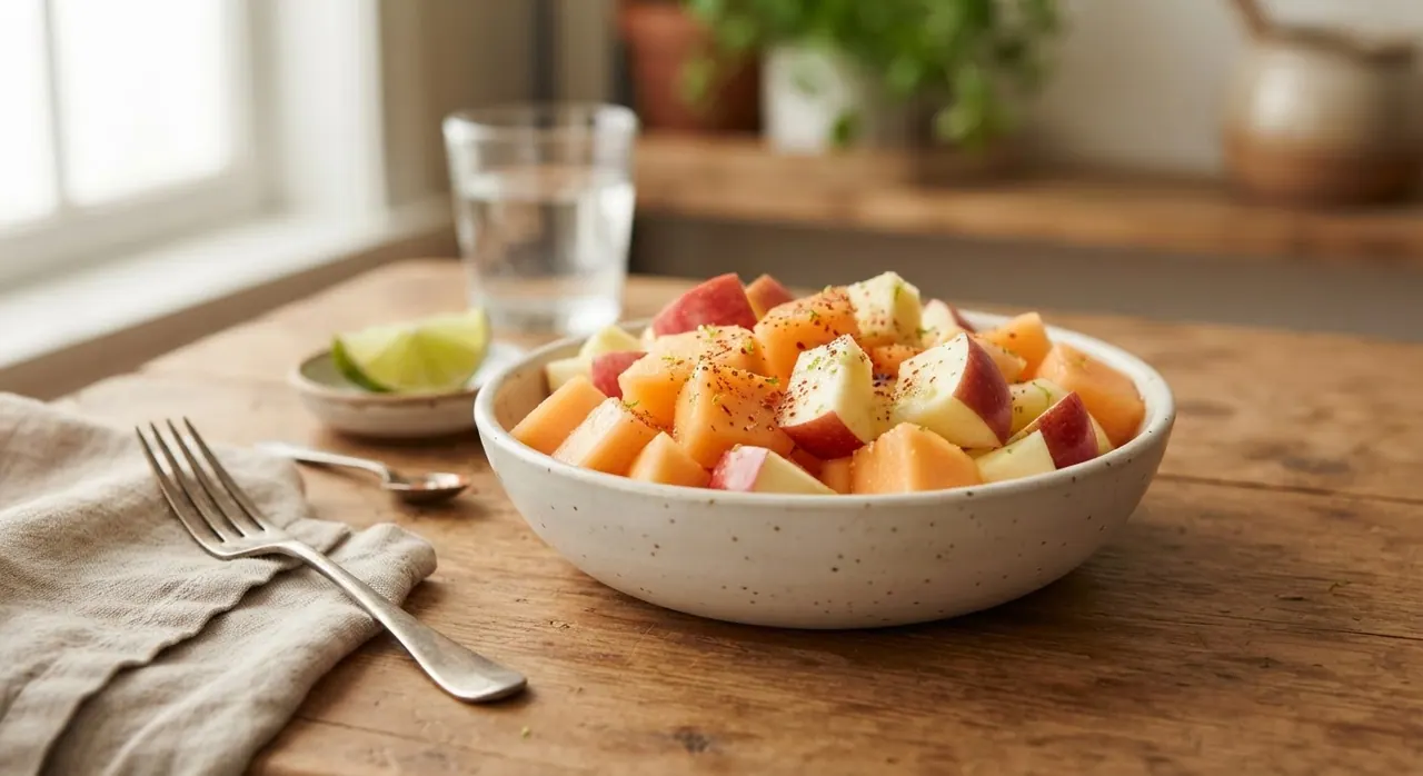 Manzana cortada en pedazos y melón en cuadritos