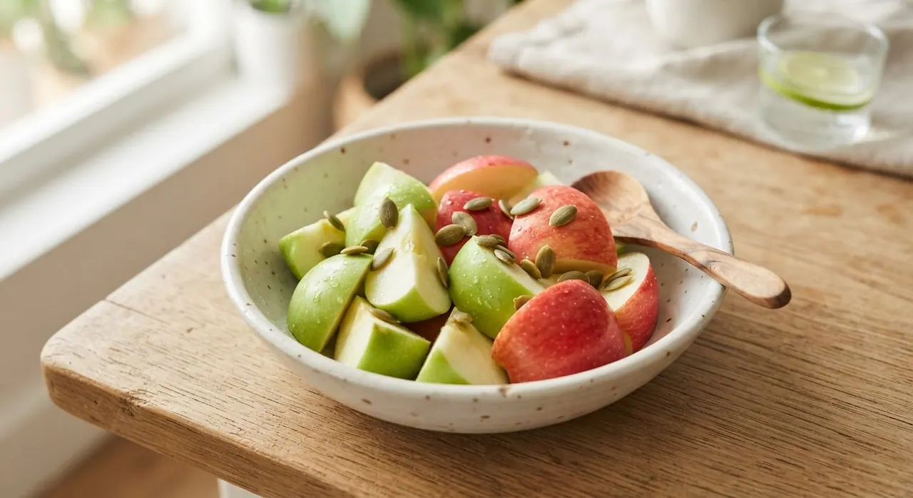 Una manzana cortada en pedazos y 10 pepitas de calabaza crudas