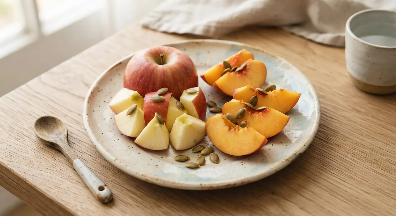 Una manzana en pedazos, un durazno y 10 pepitas de calabaza