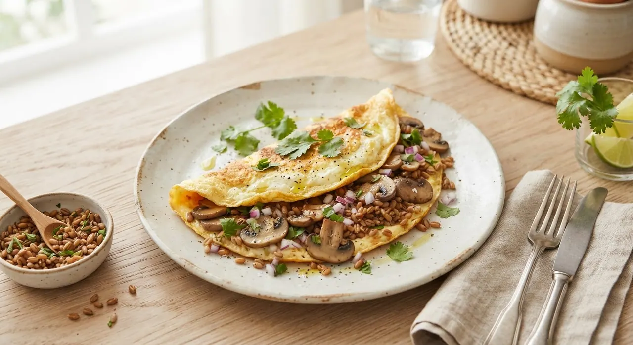 Omelette de 3 claras con champiñones y trigo cocido