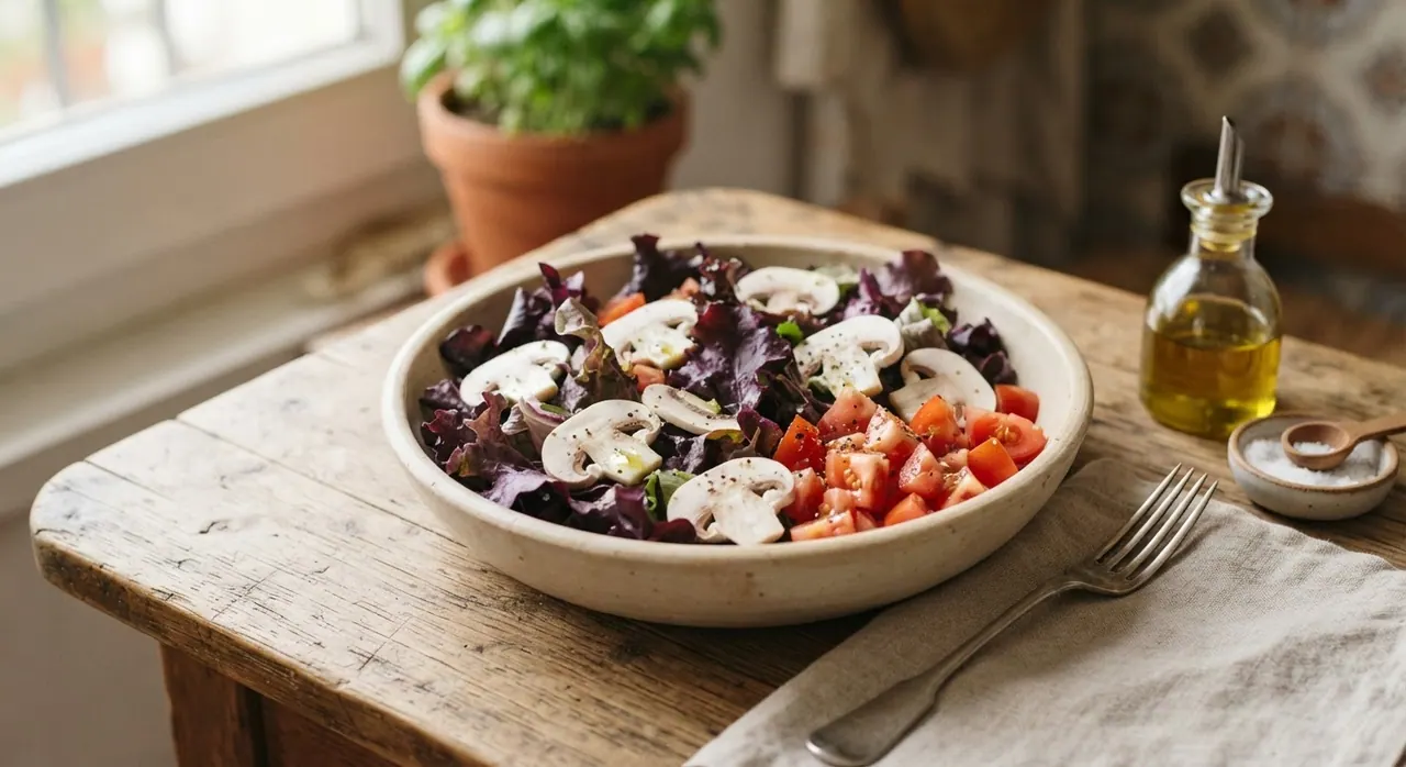 Ensalada con lechuga morada y champiñones