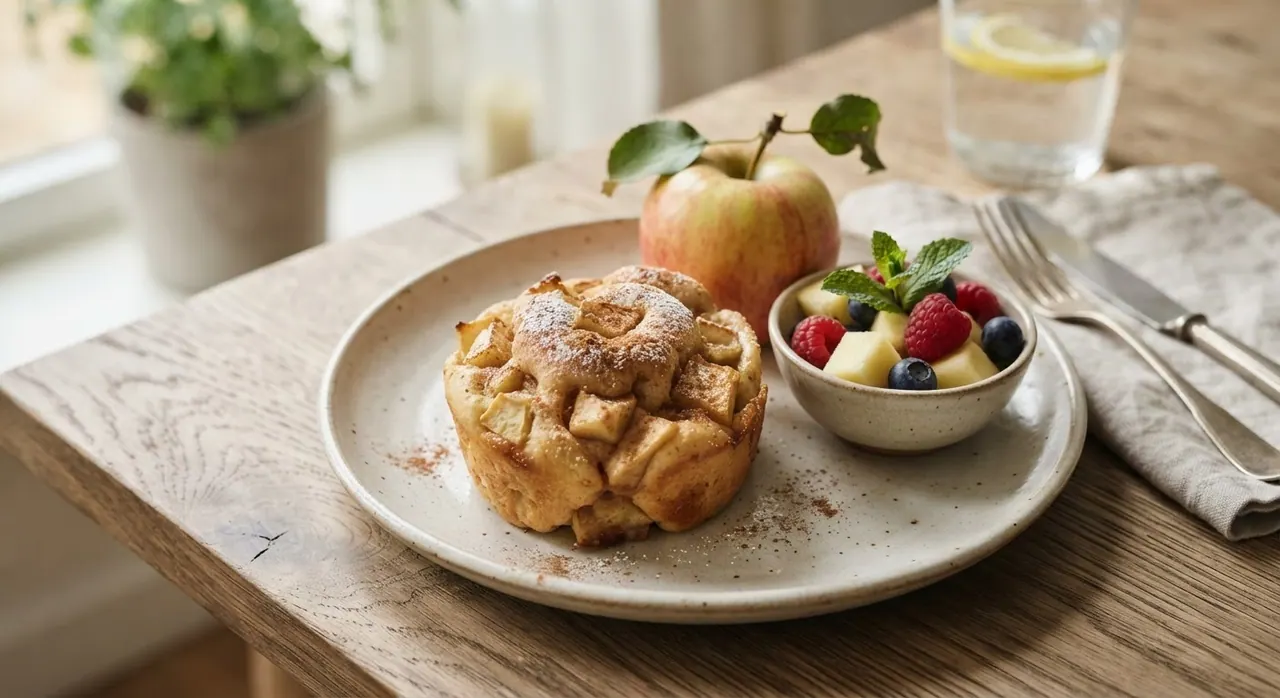 Bollo de manzana y canela con fruta fresca