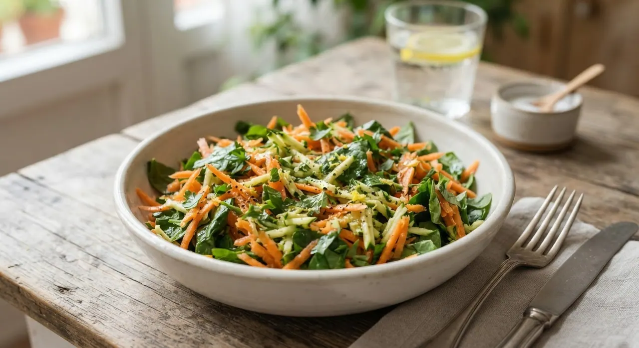 Ensalada cruda de zanahoria, calabaza y espinacas