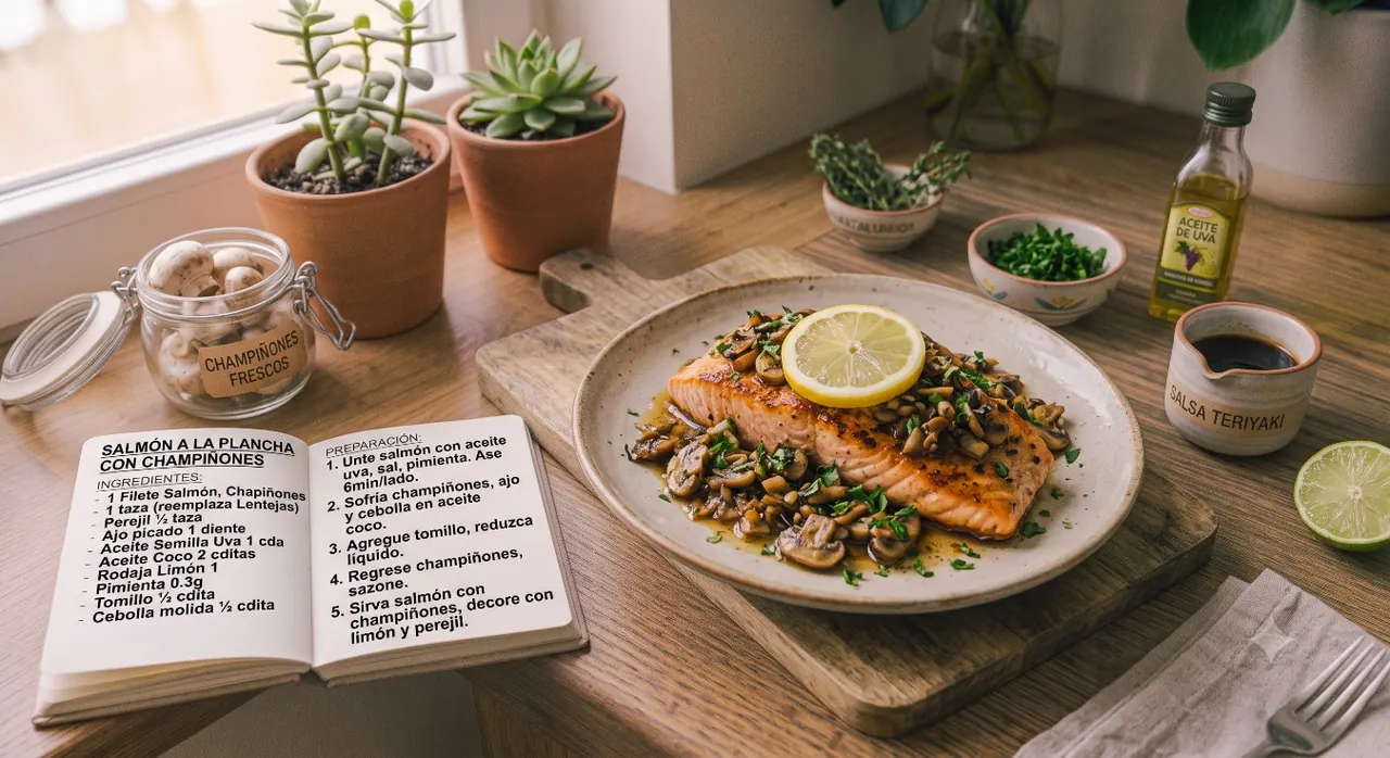 Salmón a la plancha con champiñones