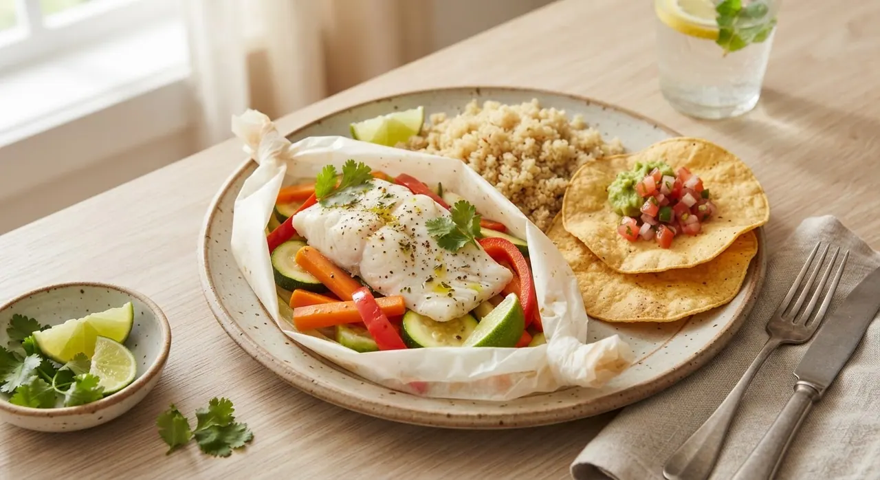 Verduras empapeladas con pescado, quinoa y tostadas