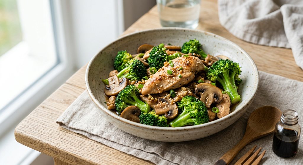 Salteado de pollo con brócoli y champiñones