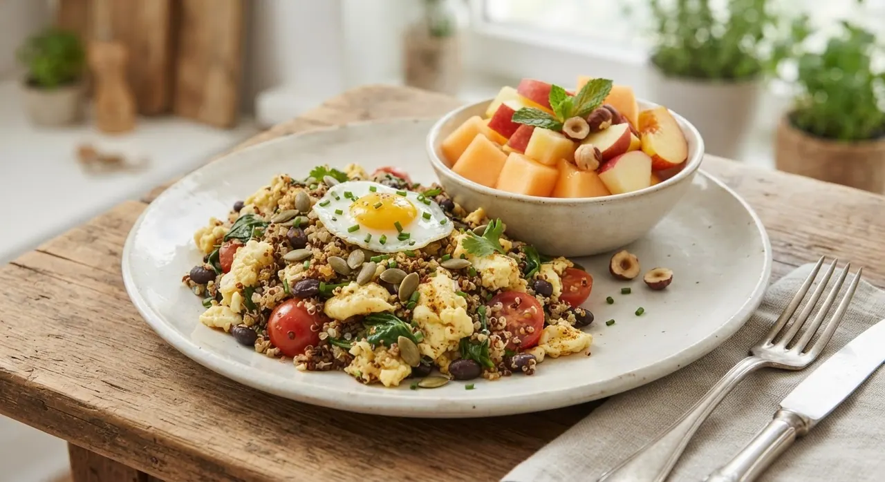 Revuelto de huevo con quinoa y cóctel de frutas
