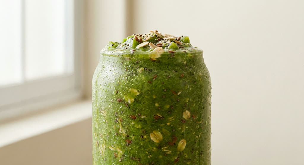Jugo verde de nopal con avena, linaza y chía servido en vaso
