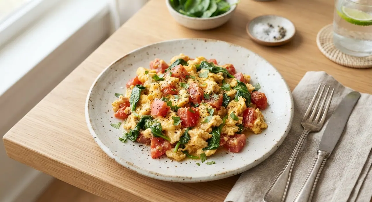 Huevo revuelto con tomates y espinacas