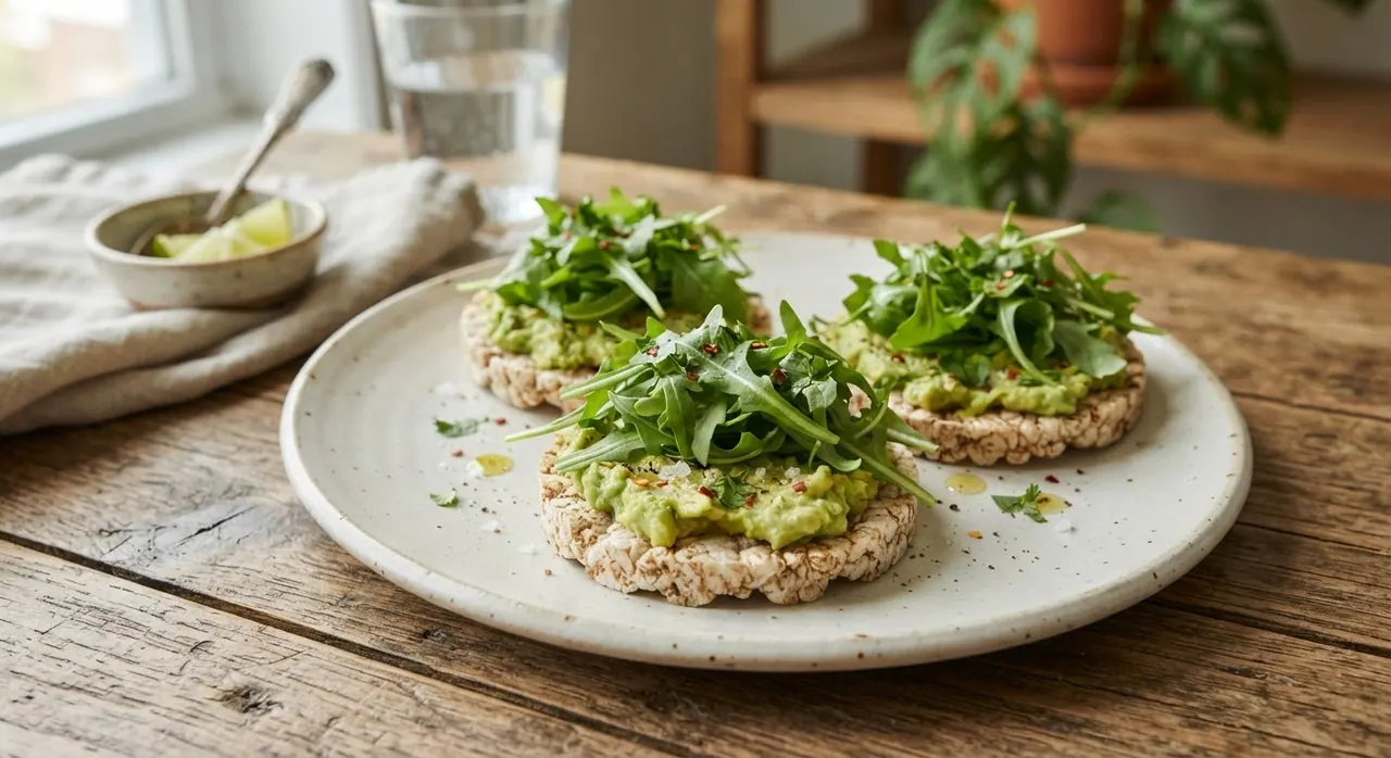 Galletas de arroz con aguacate y rúgula