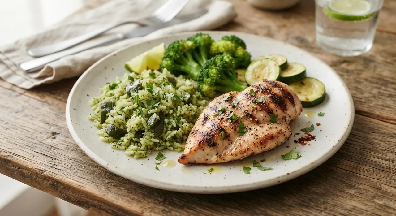 Pollo a la plancha con verduras y arroz verde