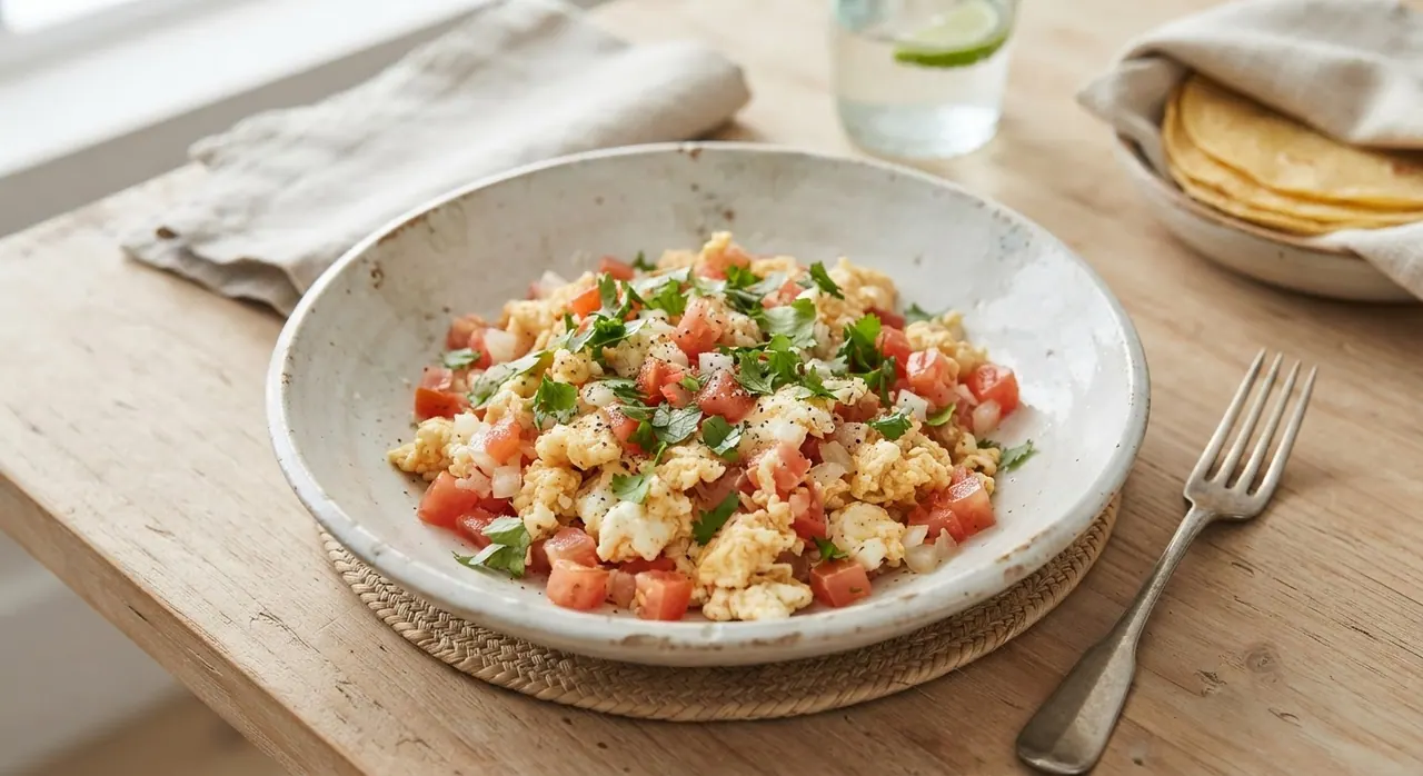 Clara de huevo con tomate y cebolla