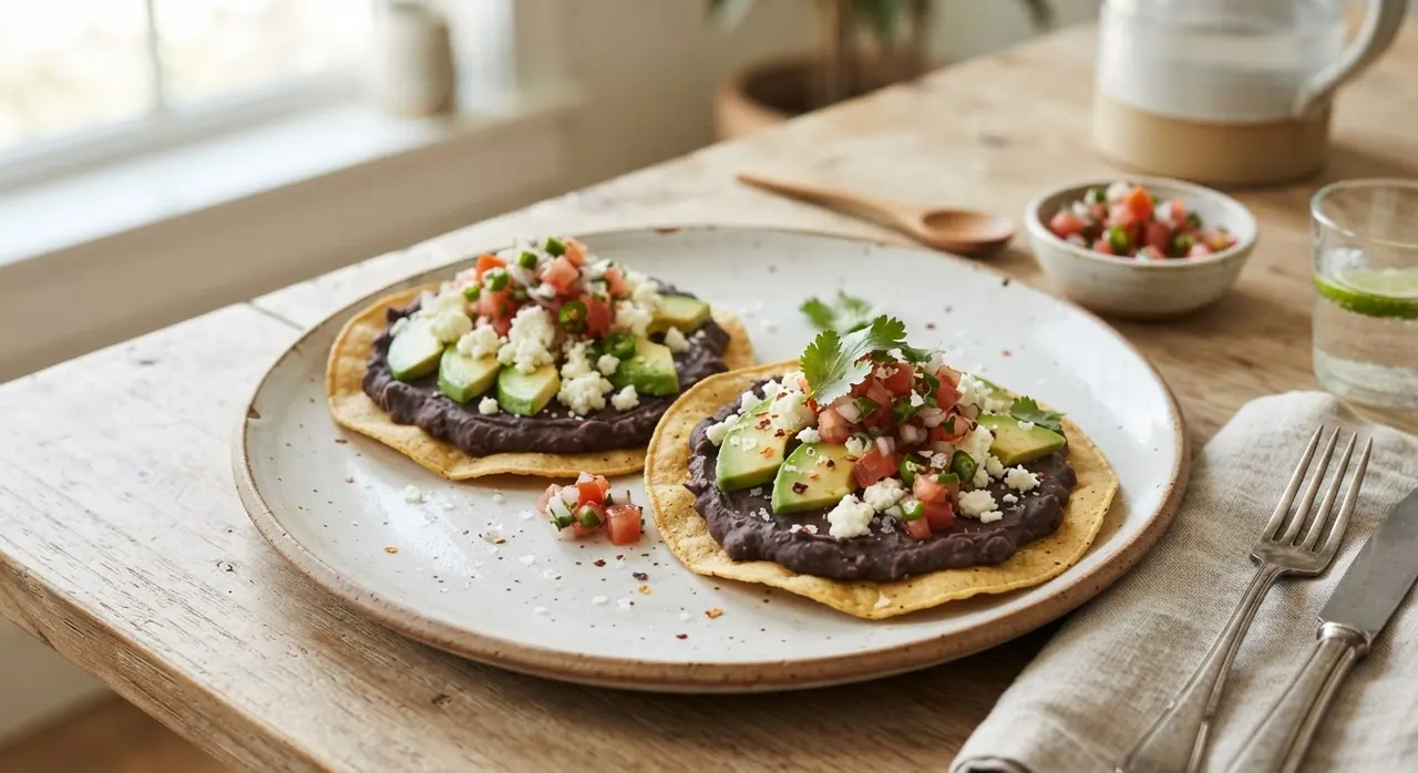 2 tostadas deshidratadas con frijoles molidos y aguacate
