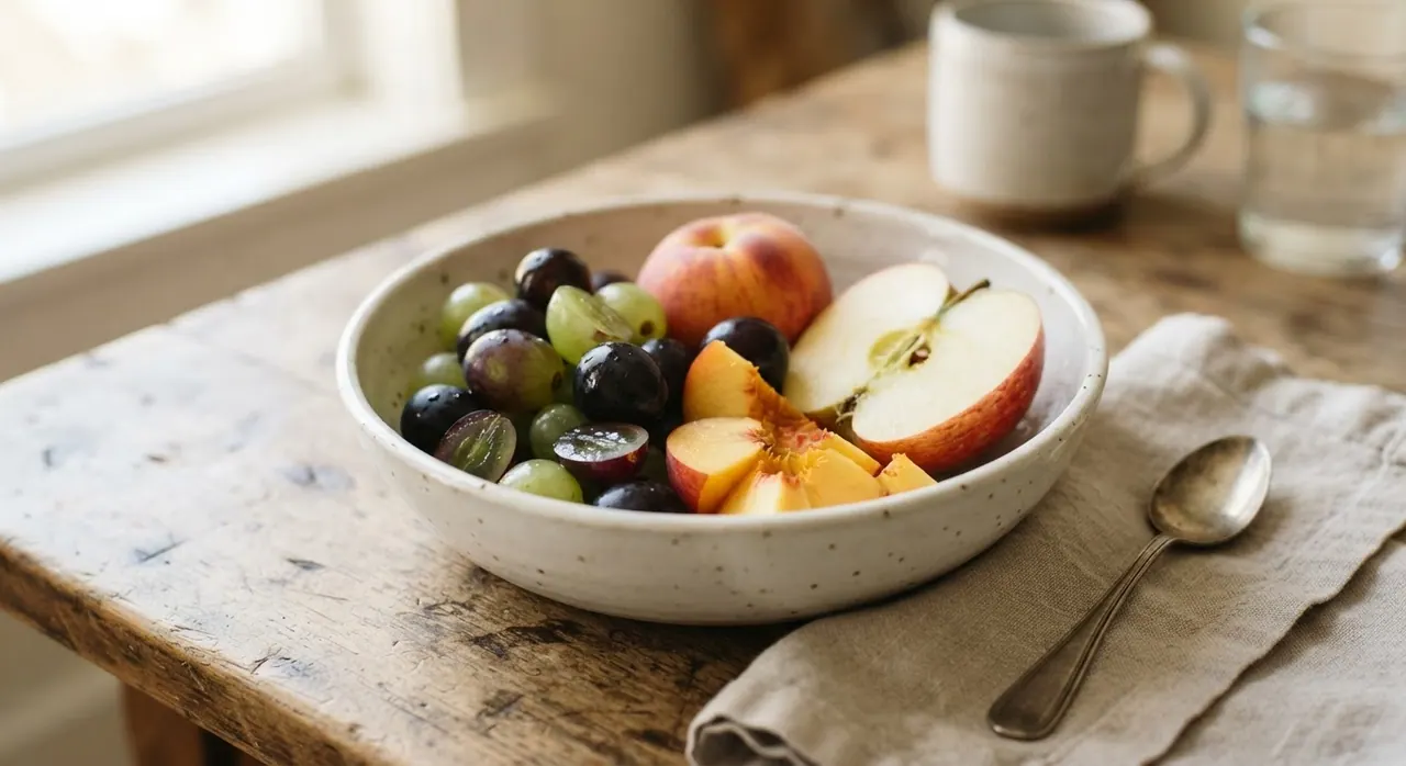 Tazón de uvas, durazno y manzana