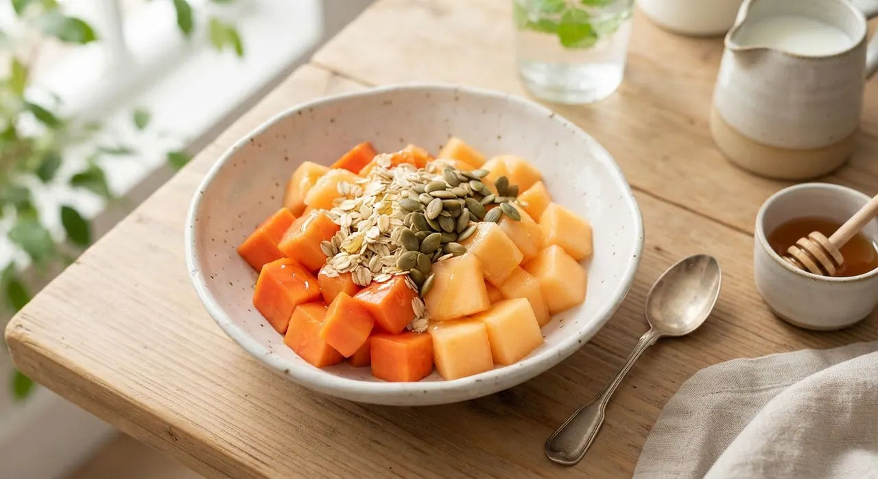Plato de papaya y melón con avena, pepitas y miel