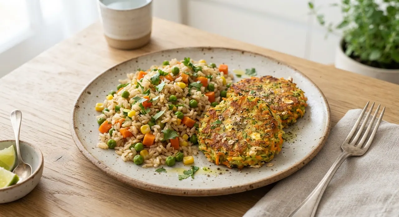 Arroz integral con verduras y tortitas de calabaza y zanahoria
