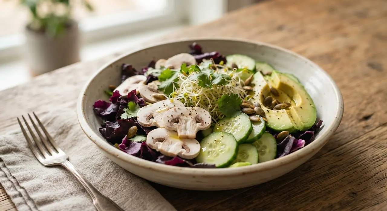 Ensalada de Lechuga Morada, Champiñones y Germinado