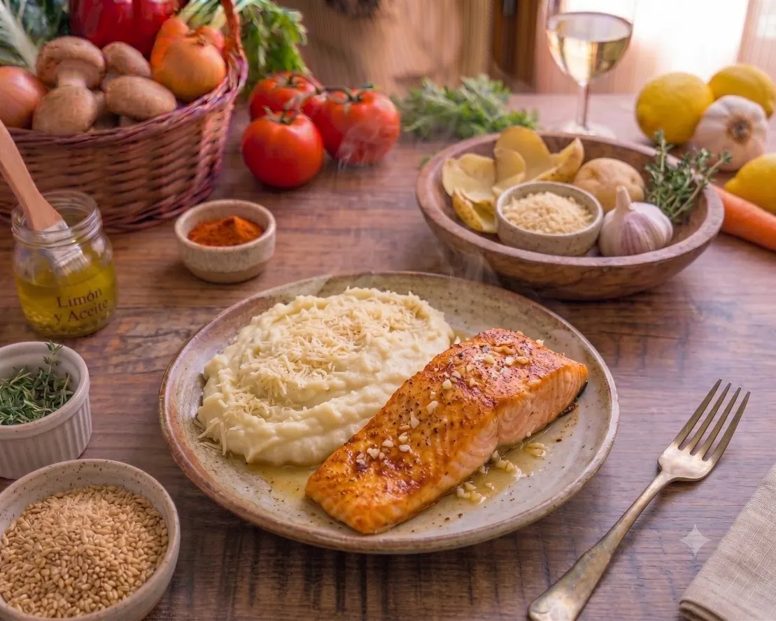 Filete de salmón al horno con puré de papas
