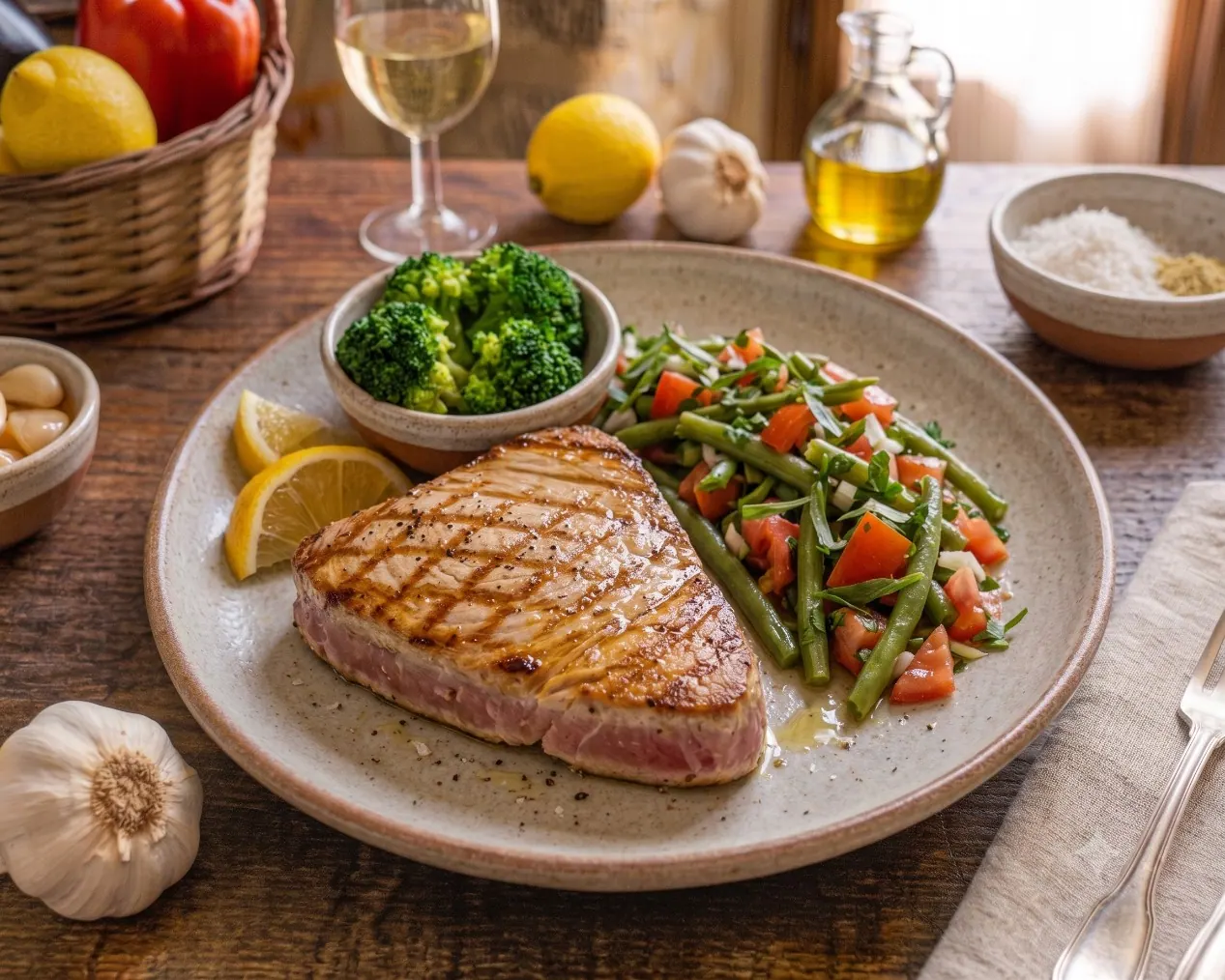 Atún a la plancha con ensalada de frijoles y tomate