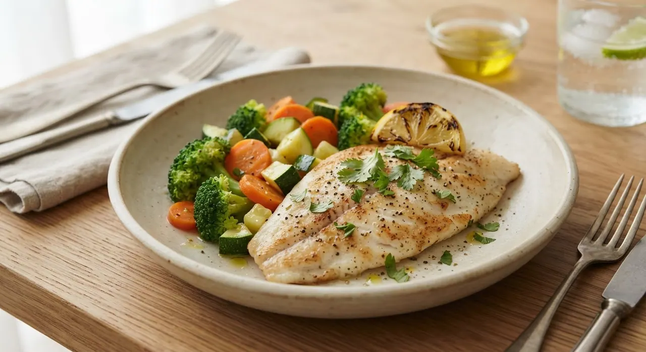 Filete de mojarra o tilapia a la plancha o empapelado con verduras al vapor