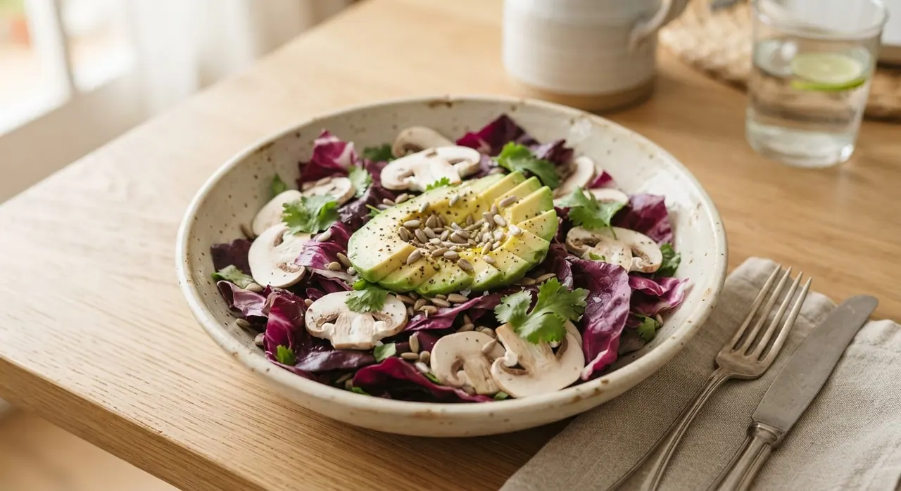 Ensalada con lechuga morada y champiñones crudos