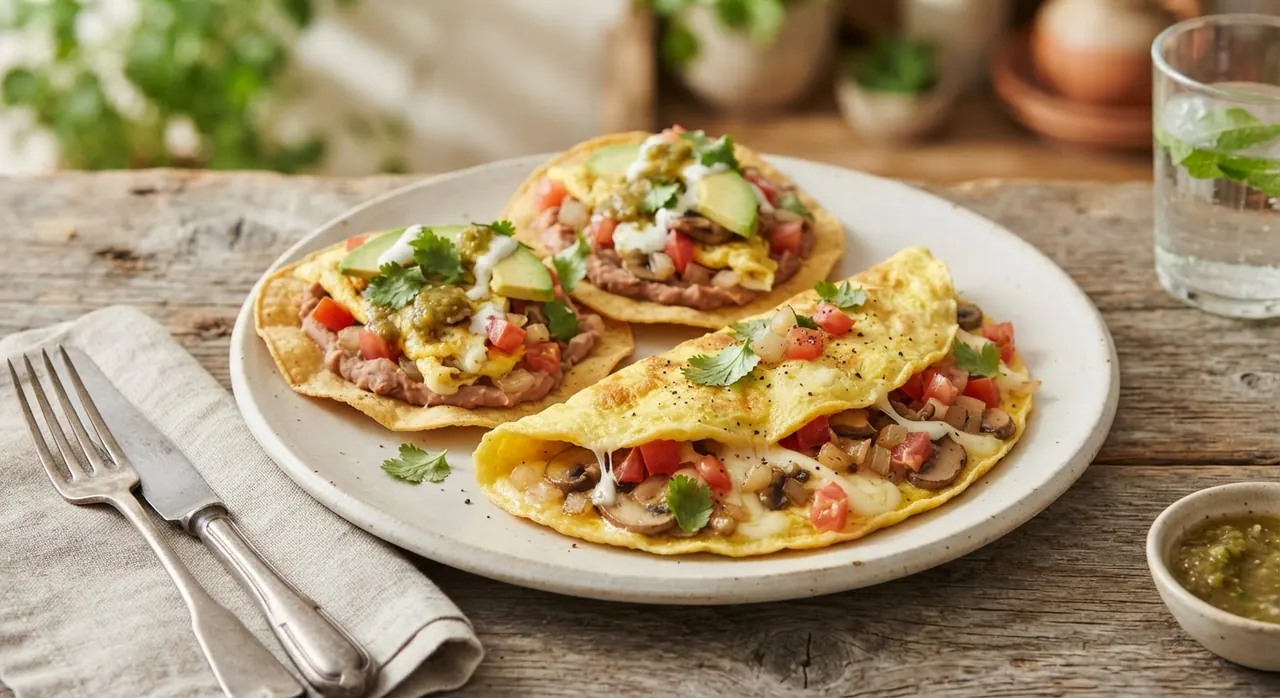 Tostadas deshidratadas y omelette con quesillo, tomate, cebolla y champiñones