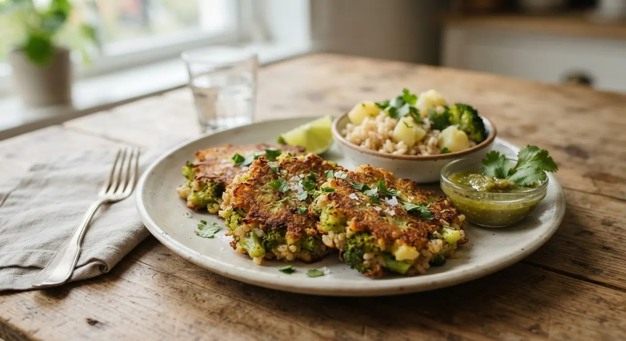 Tortitas de brócoli con arroz y papa cocida