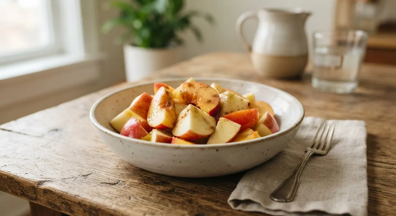 Una manzana en pedazos y un durazno
