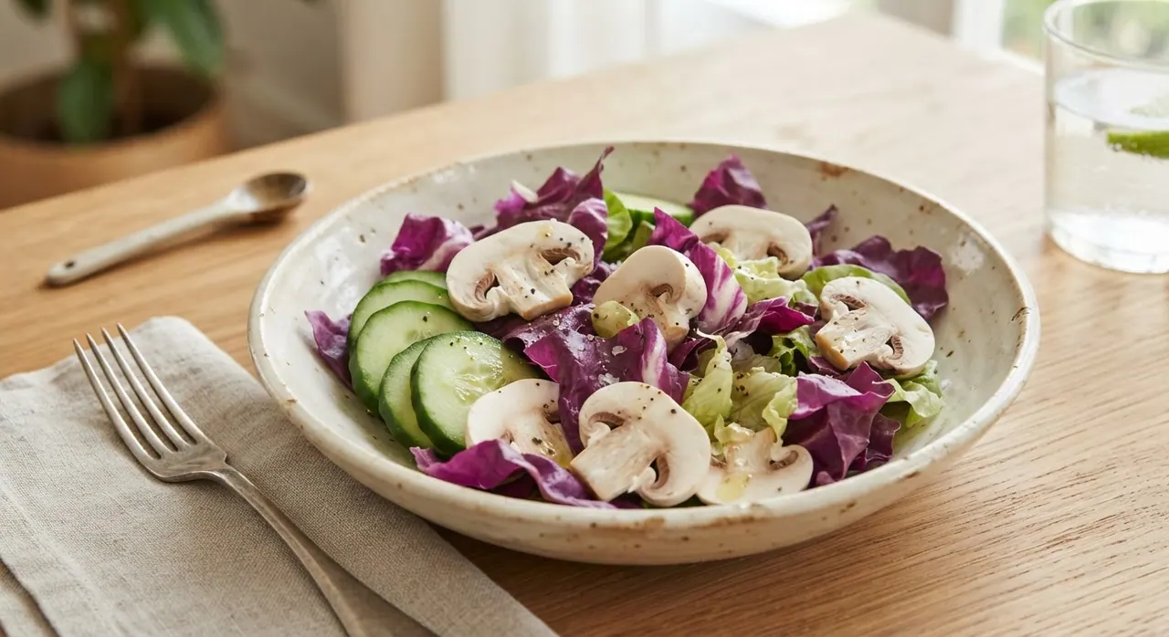 Ensalada con lechuga morada, pepino y champiñones crudos