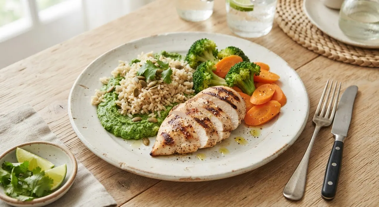 Pollo a la plancha con verduras al vapor y arroz verde