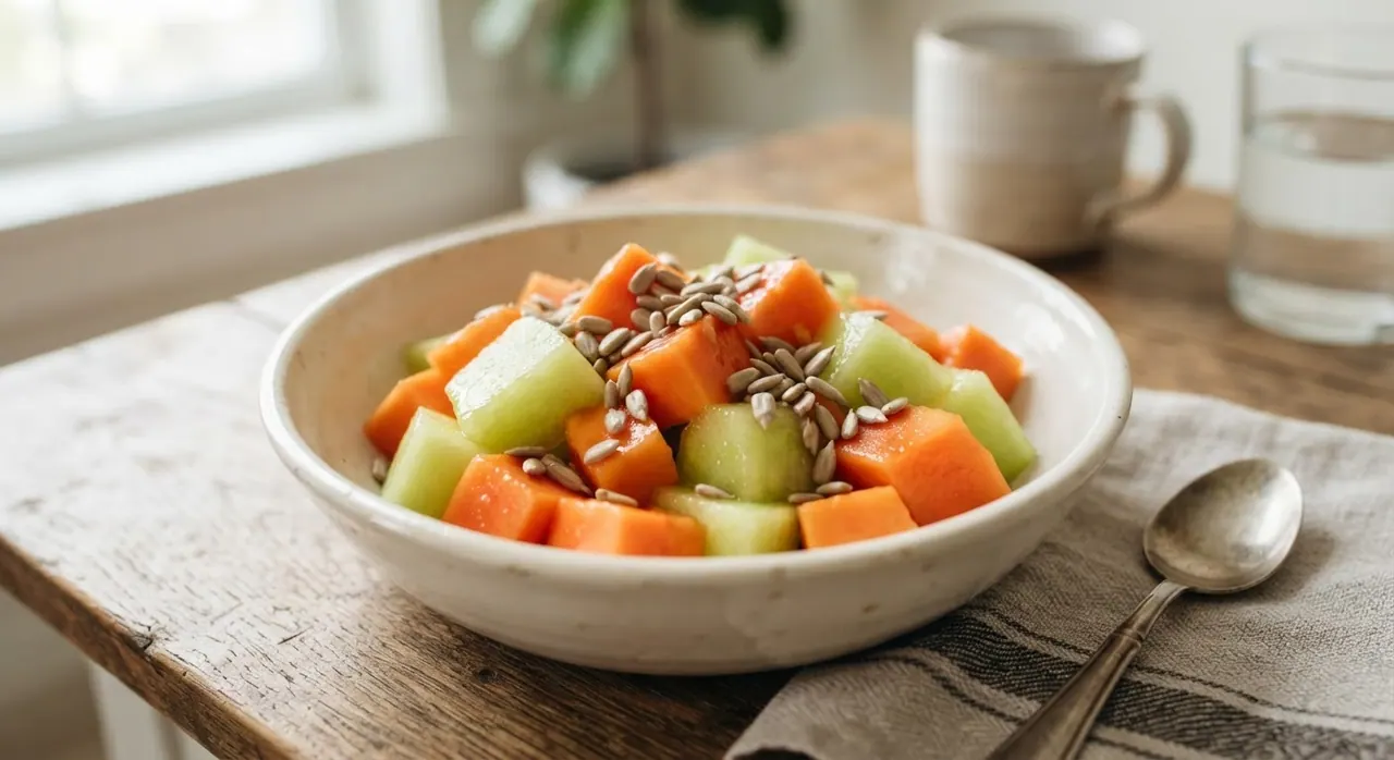 Plato de papaya y melón con pepitas de girasol