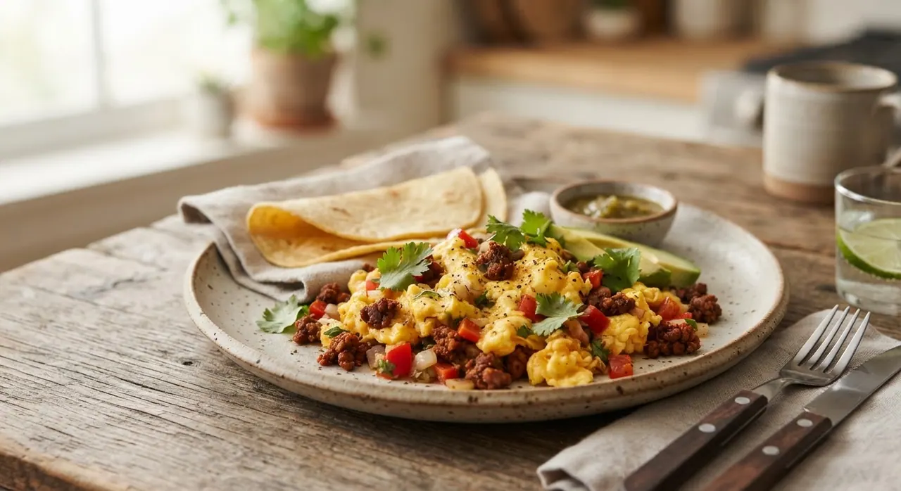 Huevo revuelto con chorizo de soya o jamón