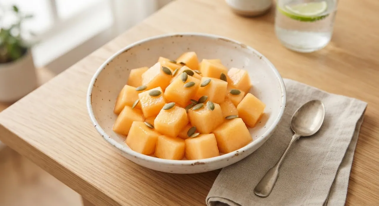 Medio plato de melón y 10 pepitas de calabaza crudas