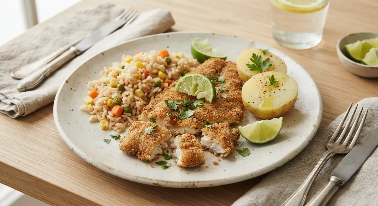Pescado empanizado con arroz y 1 papa cocida