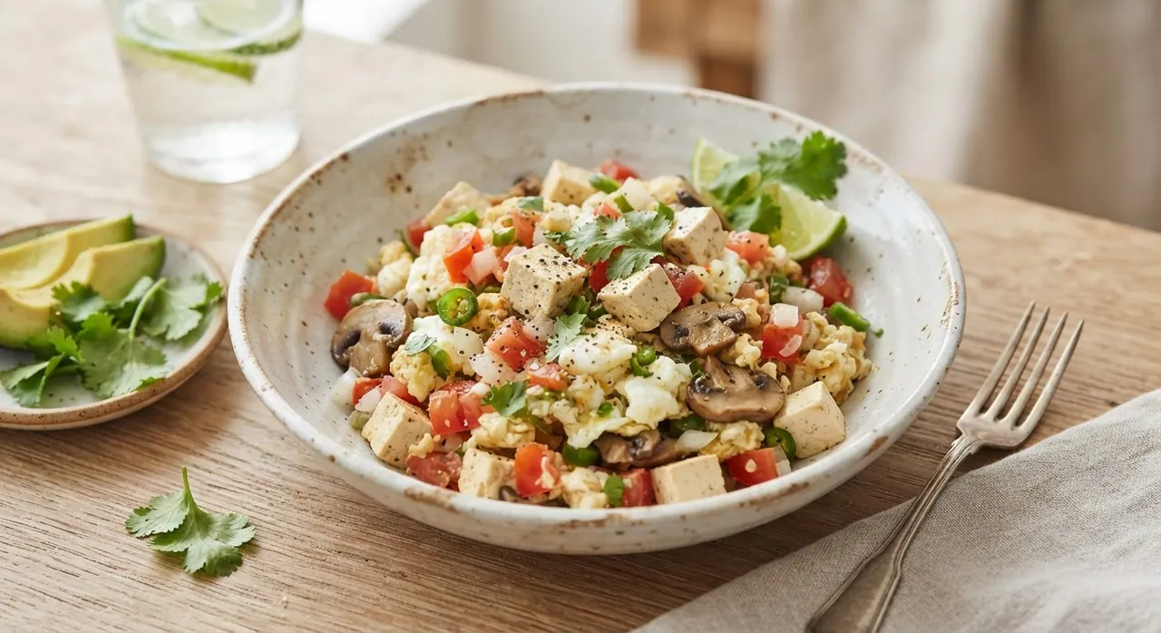 Revuelto de claras con tofu o champiñones a la mexicana