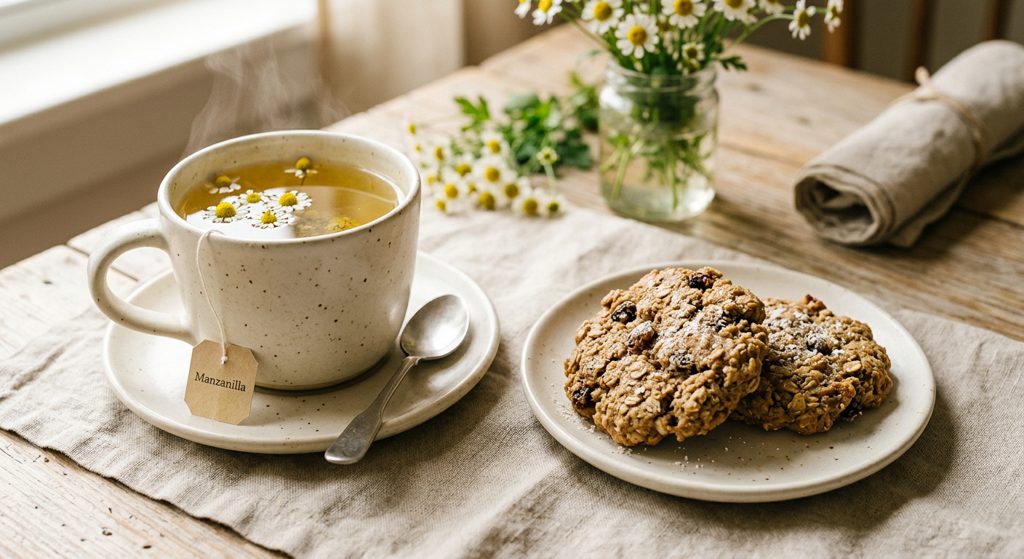 Té de manzanilla y 2 galletas de avena
