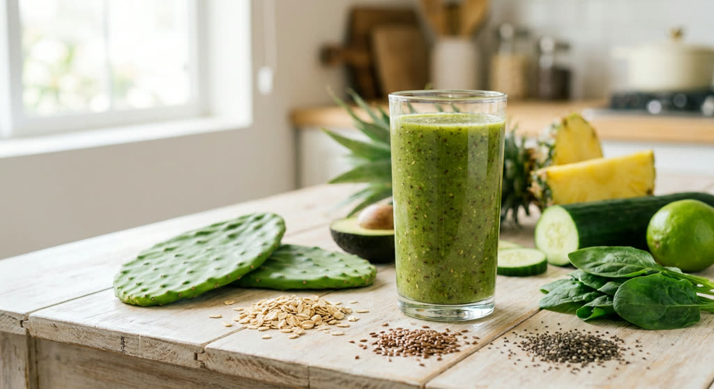 Jugo verde de nopal con avena, linaza y chía